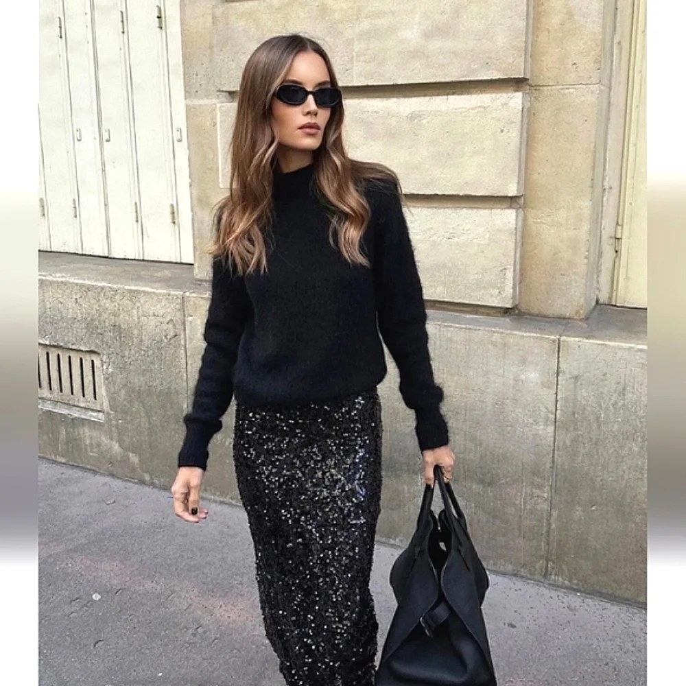 ZARA SEQUIN MIDI SKIRT size XS Black - Picture 4 of 13
